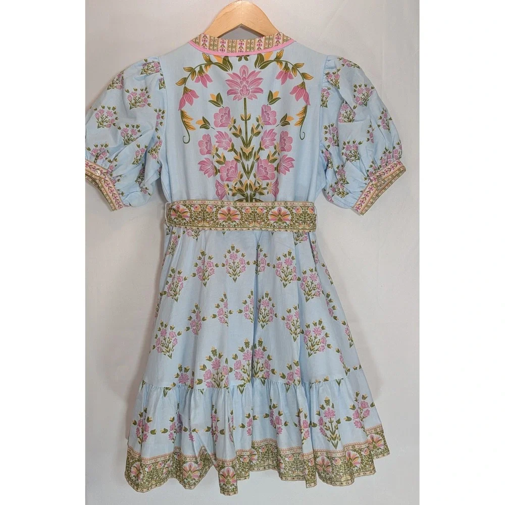 A Loves A Girls Sky Blue Floral Cotton Dress Puff Sleeve Tiered Size L OK3581 - Picture 2 of 5